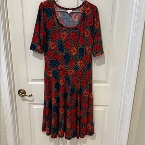 Floral Scoop Neck A-Line Dress in Red and Navy